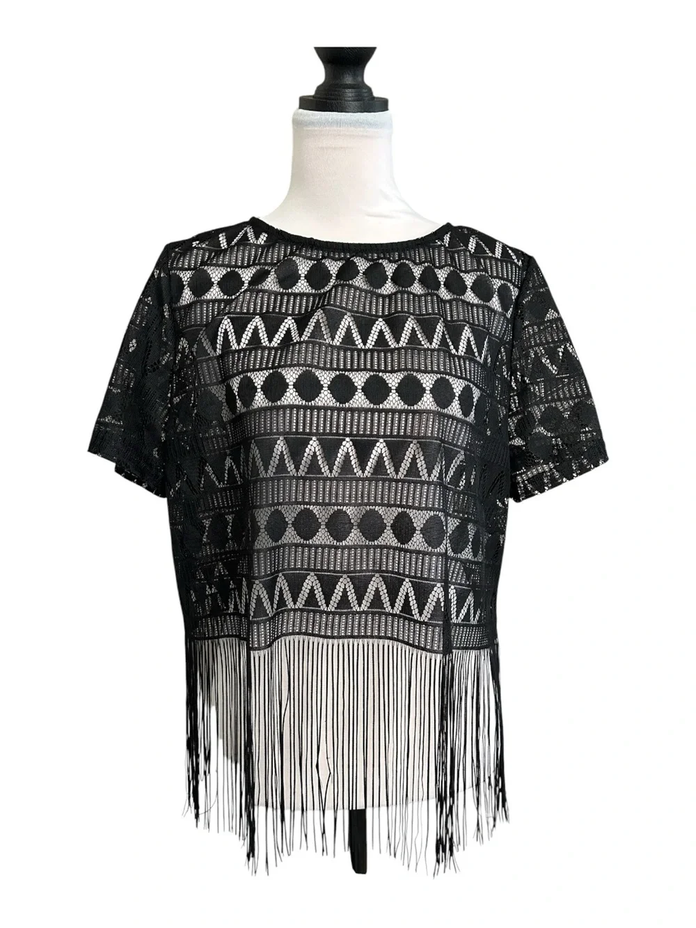 SHEIN Black Fringe Lace Crop Top XL Boho Festival Geometric